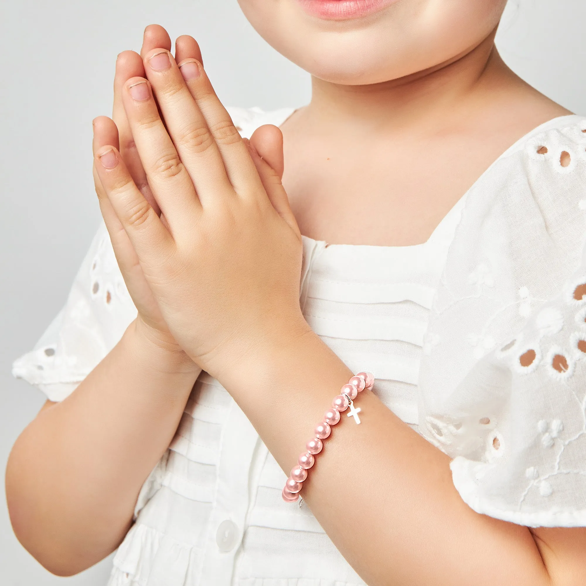 Newborn Baby Girl Sterling Silver Cross Baptism & Christening Pink Pearl Bracelet