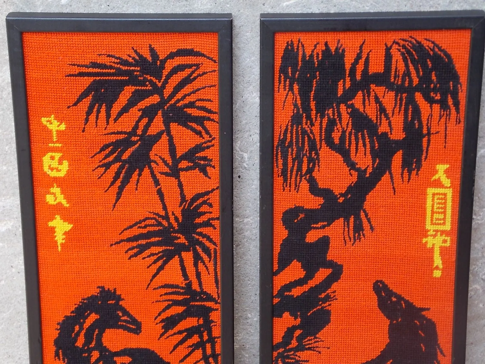 Pair Orange Black Horse Asian Needle Point Wall Hangings