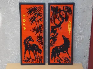 Pair Orange Black Horse Asian Needle Point Wall Hangings