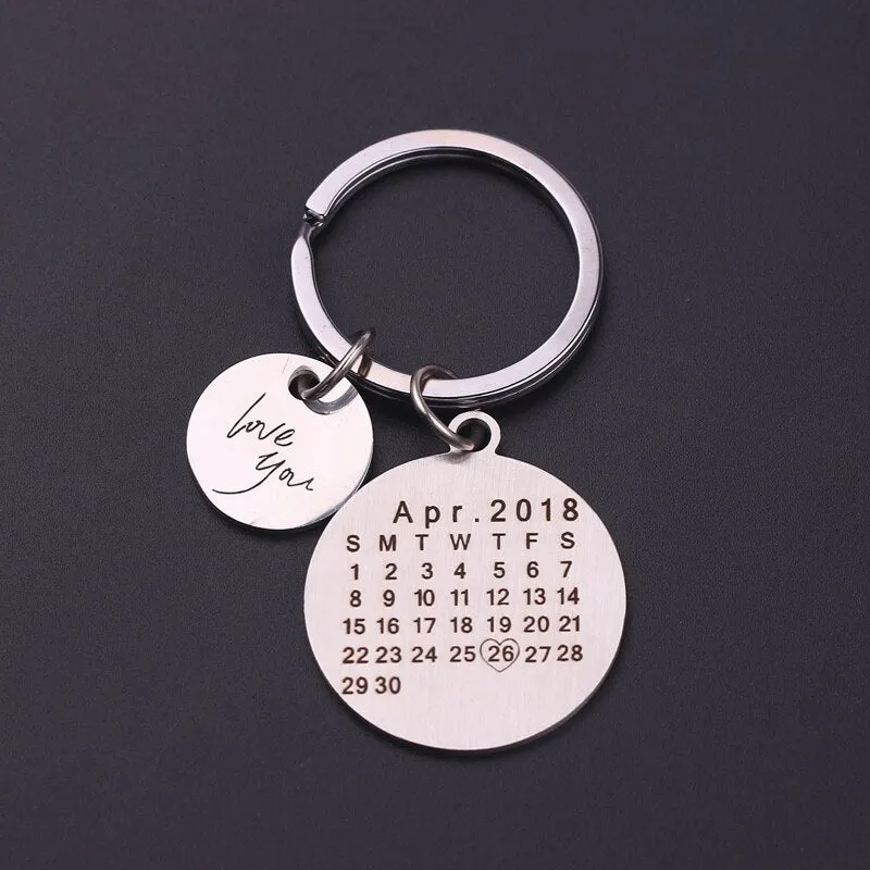 Personalized Calendar Keychain- Round Shape With Name, Initial and a Heart With Special Date