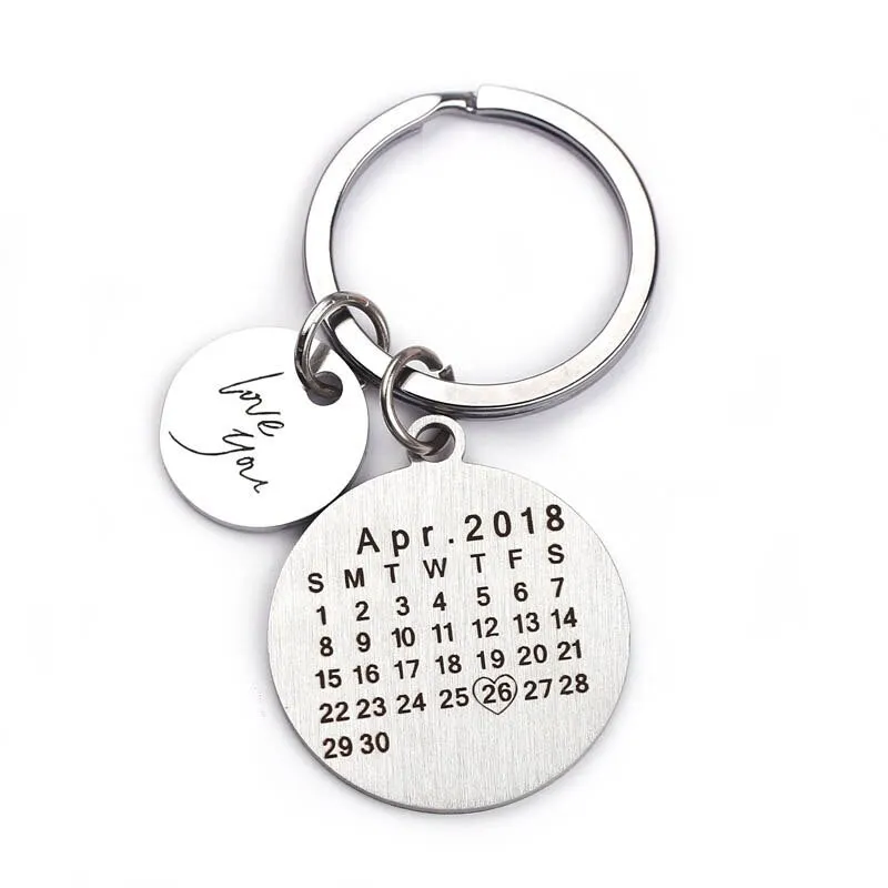 Personalized Calendar Keychain- Round Shape With Name, Initial and a Heart With Special Date