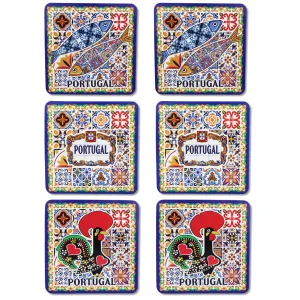 Portuguese Themed Coaster Set - 6 Piece Collection with Tile Azulejo, Rooster & Sardine Design