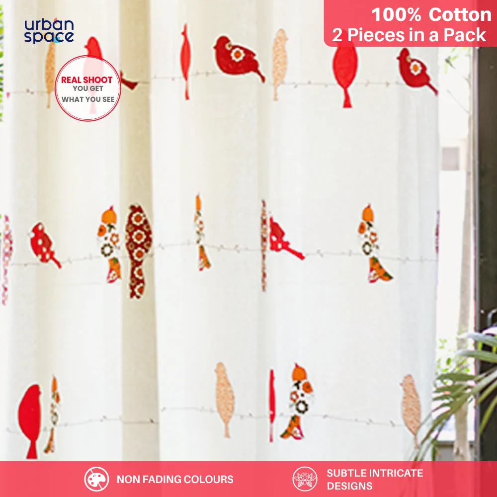 Premium 100% Cotton Curtains for Living Room, Bedroom, Children's room - Pack of 2 curtains, Humming Bird - Red