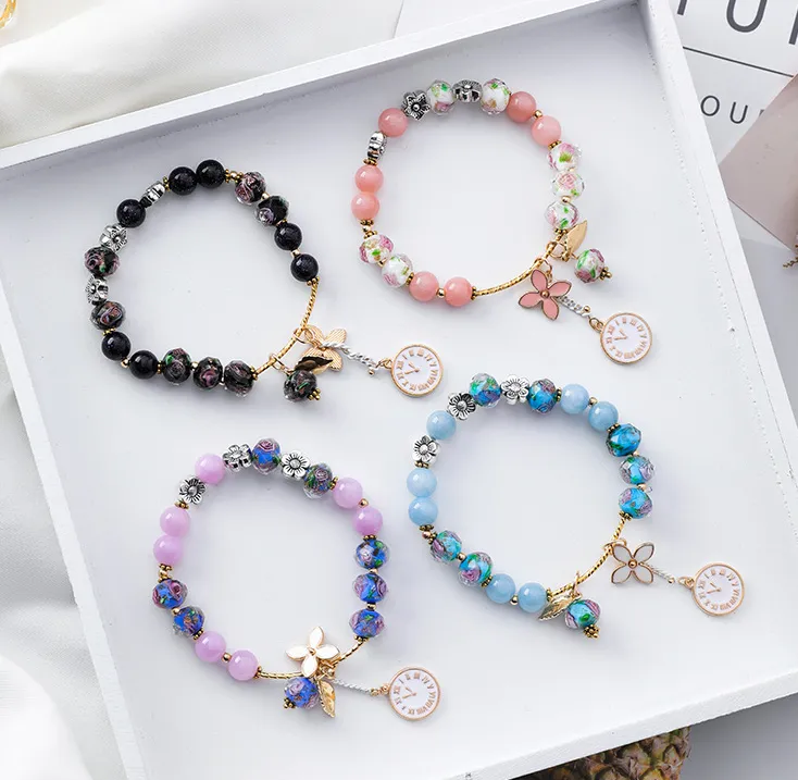 Retro flower crystal bracelet female simple ethnic wind clock leaf bracelet personality bracelet girlfriends students