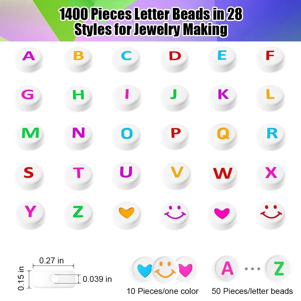 SANNIDHI 1400Pcs Alphabet Beads For Bracelets,28 Styles A-Z Letter Beads For Jewellery Making Kit,Colorful Acrylic Smiley Face Heart Bead For Friendship Bracelet Making Diy Craft,Multicolour