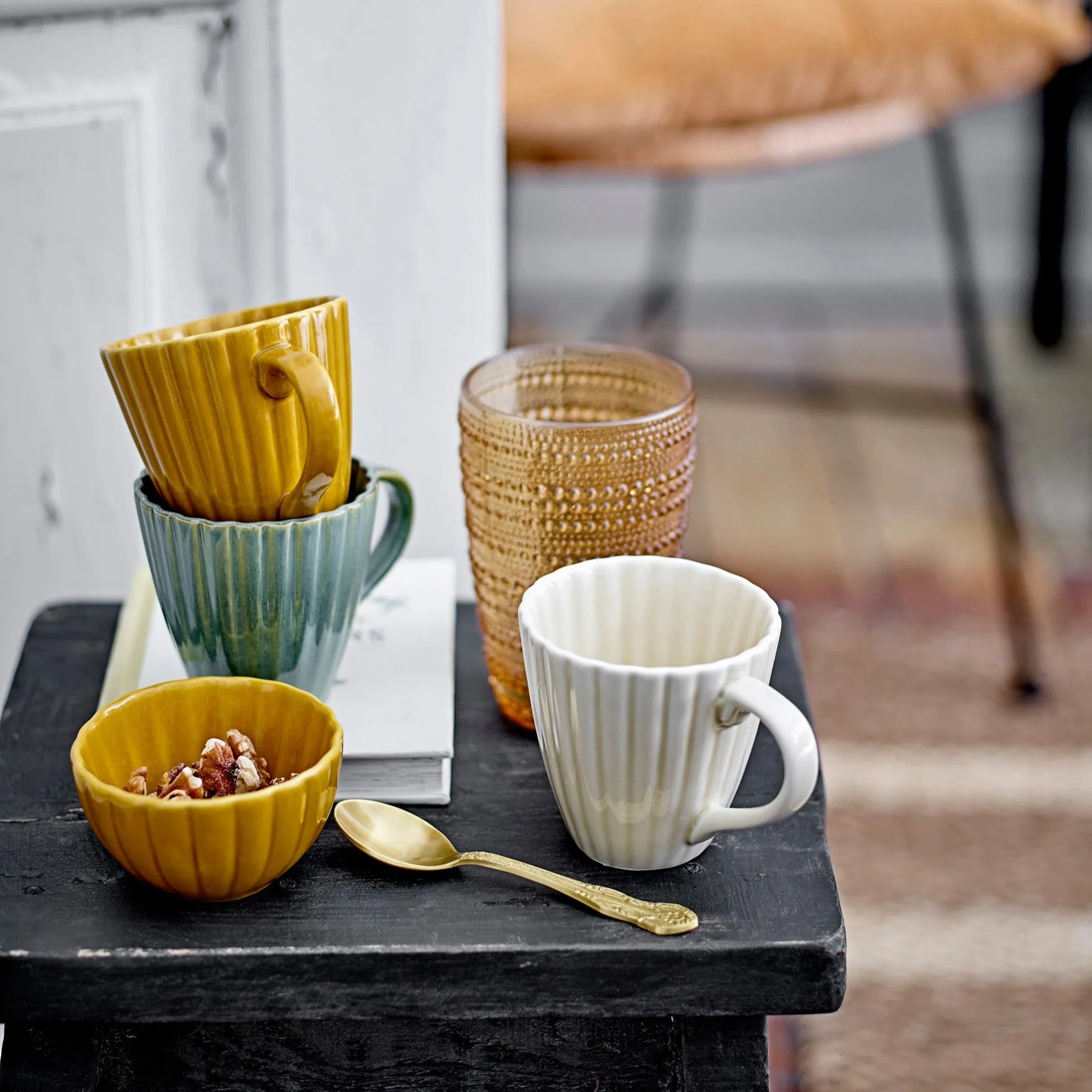 Set of Three Stoneware Mugs - Cream, Green, Ochre