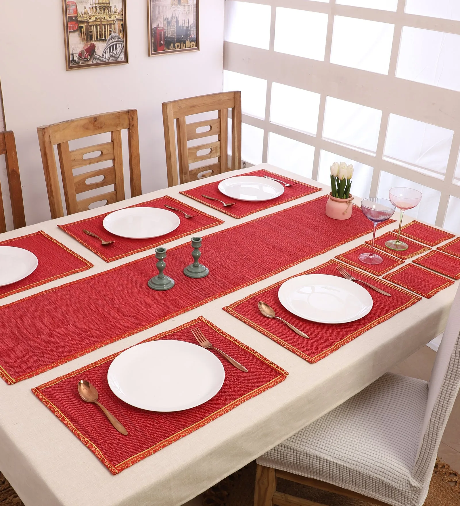 SILPAKARMAN Bamboo Dining Mats - Red  (Set of 13)