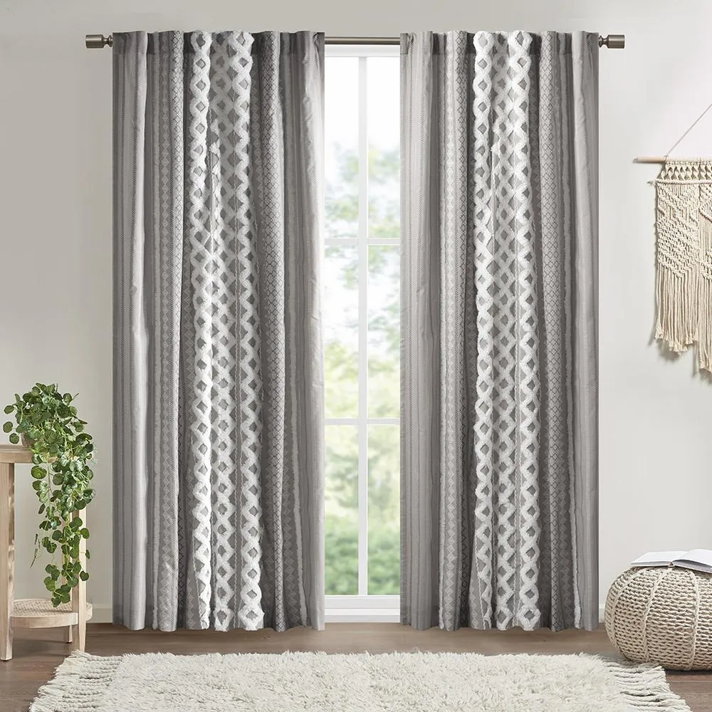 Silver Imani Cotton Printed Curtain Panel with Chenille Stripe and Lining