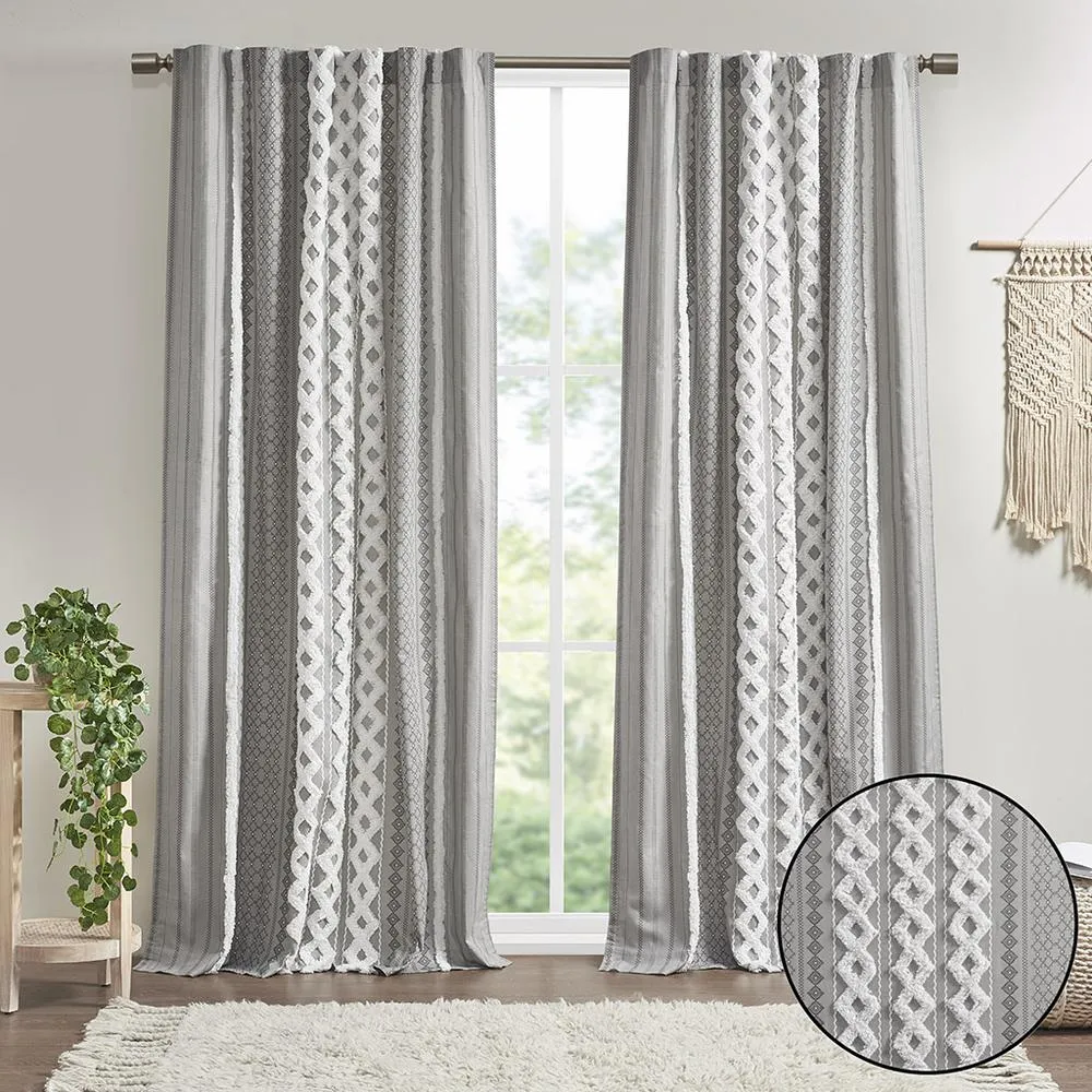 Silver Imani Cotton Printed Curtain Panel with Chenille Stripe and Lining