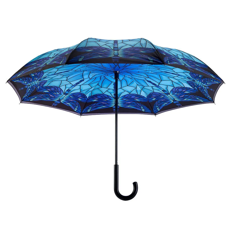 Stained Glass Dragonfly Reverse Close Stick Umbrella