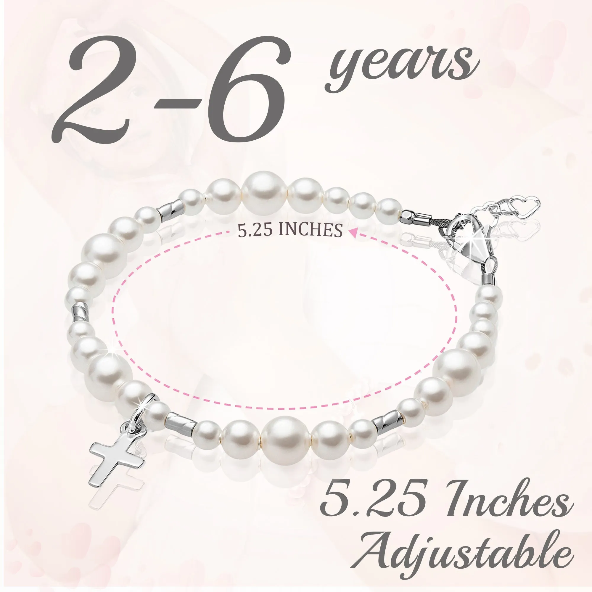 Sterling Silver Crimps Cross Charm white Pearl Christening Baptism Bracelet for Girls