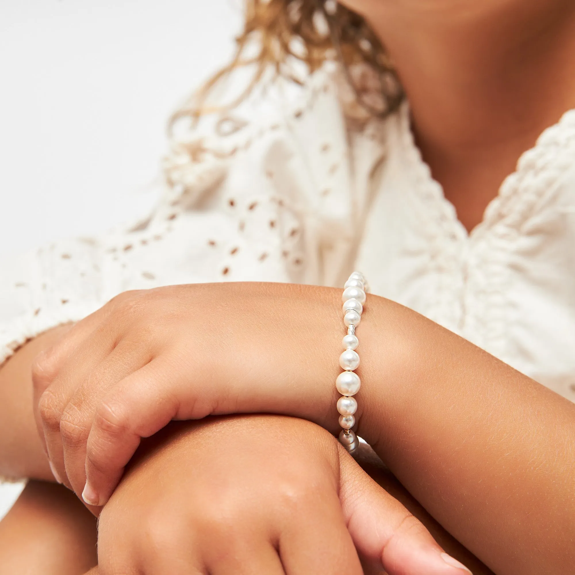 Teen Girl Bracelets with White Pearl & Silver Crimps