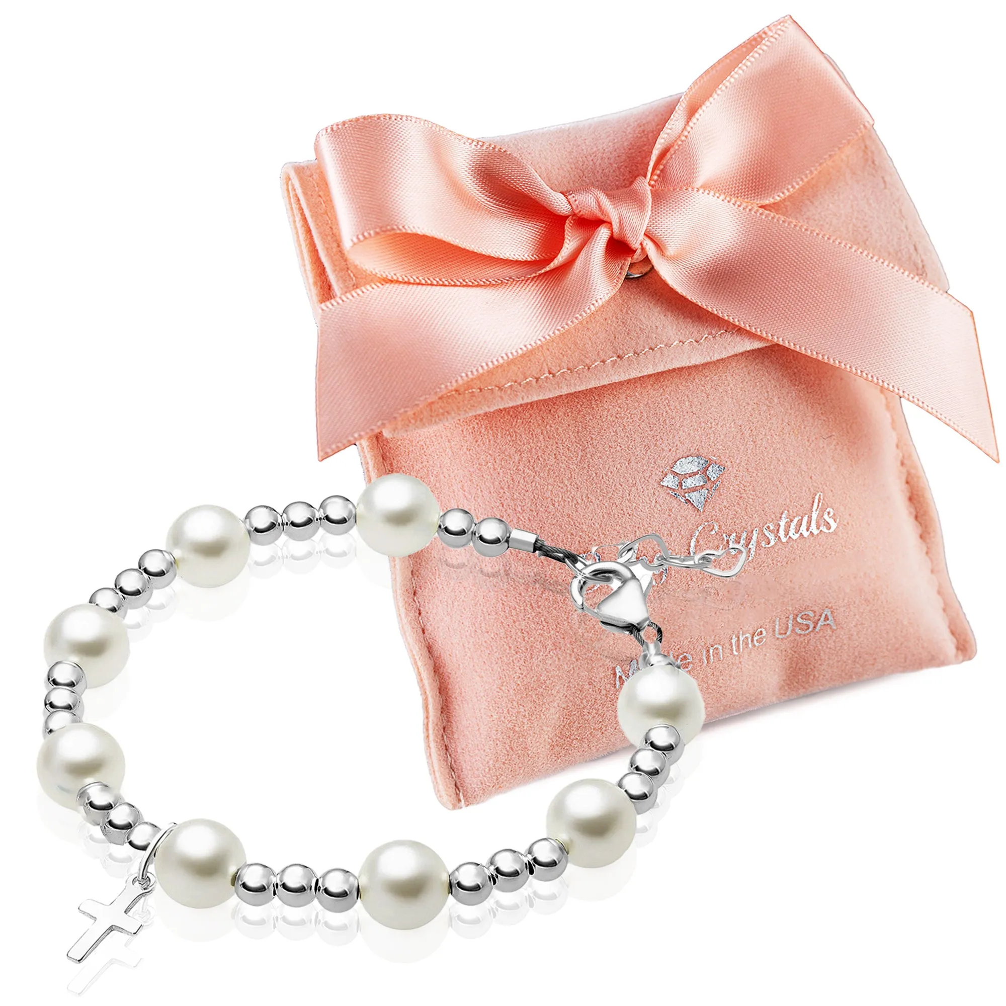 Teen Girl Sterling Silver Beads Baptism Cross Charm White Pearl Bracelet