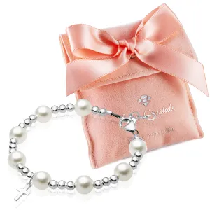 Teen Girl Sterling Silver Beads Baptism Cross Charm White Pearl Bracelet