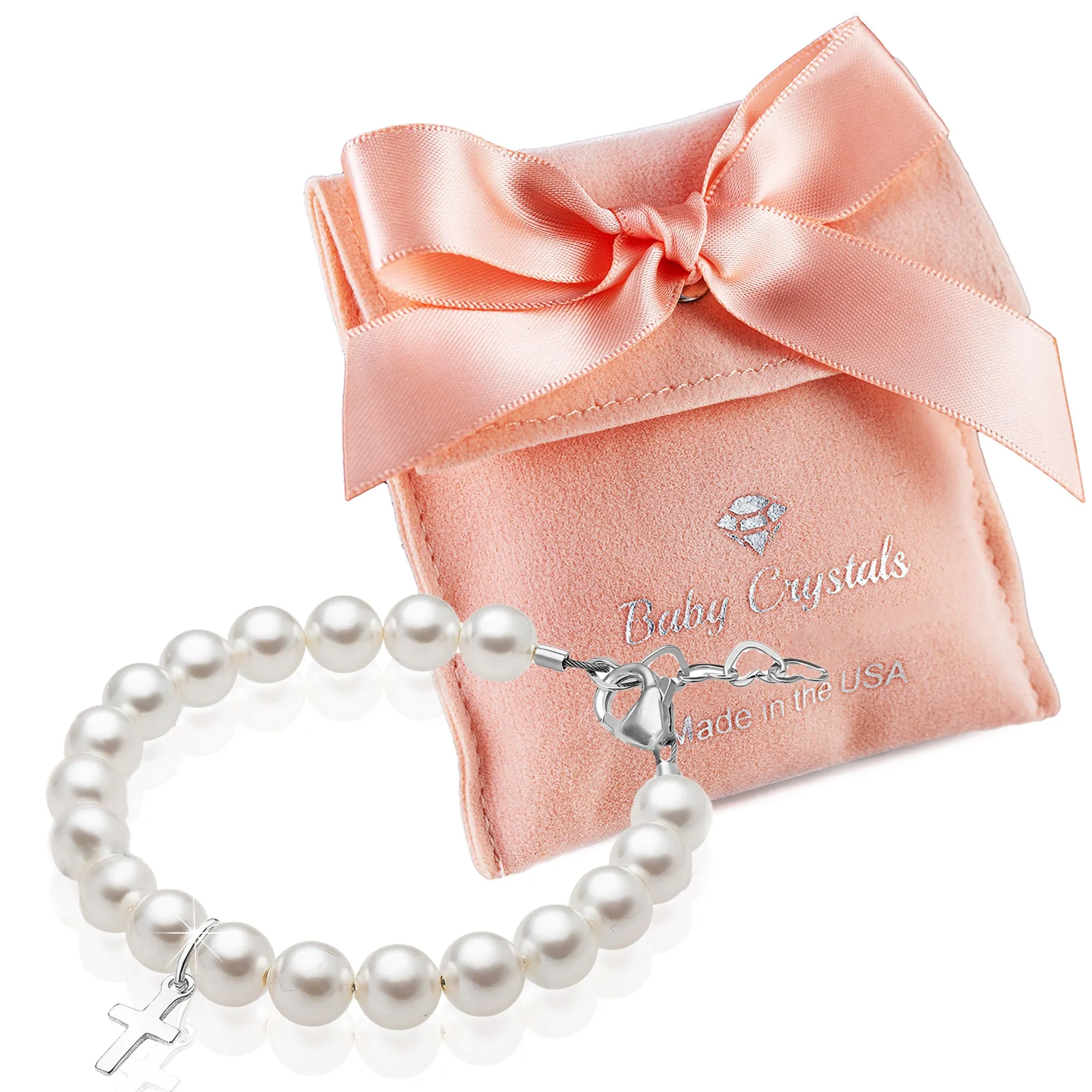 Teen Girl Sterling Silver Cross Baptism & Christening White Pearl Bracelet