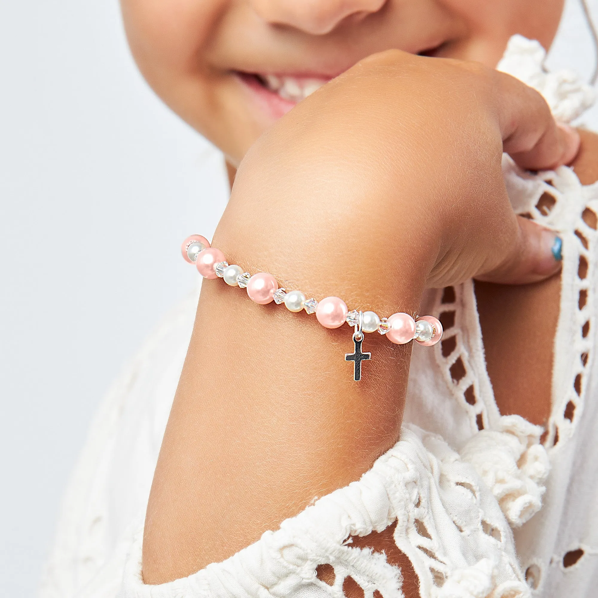 Toddler Baby Girl Baptism Bracelet Sterling Silver Cross Pink & White Pearl Clear Crystals