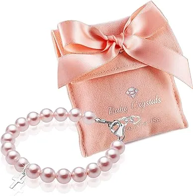 Toddler Baby Girl Sterling Silver Cross Baptism & Christening Pink Pearl Bracelet