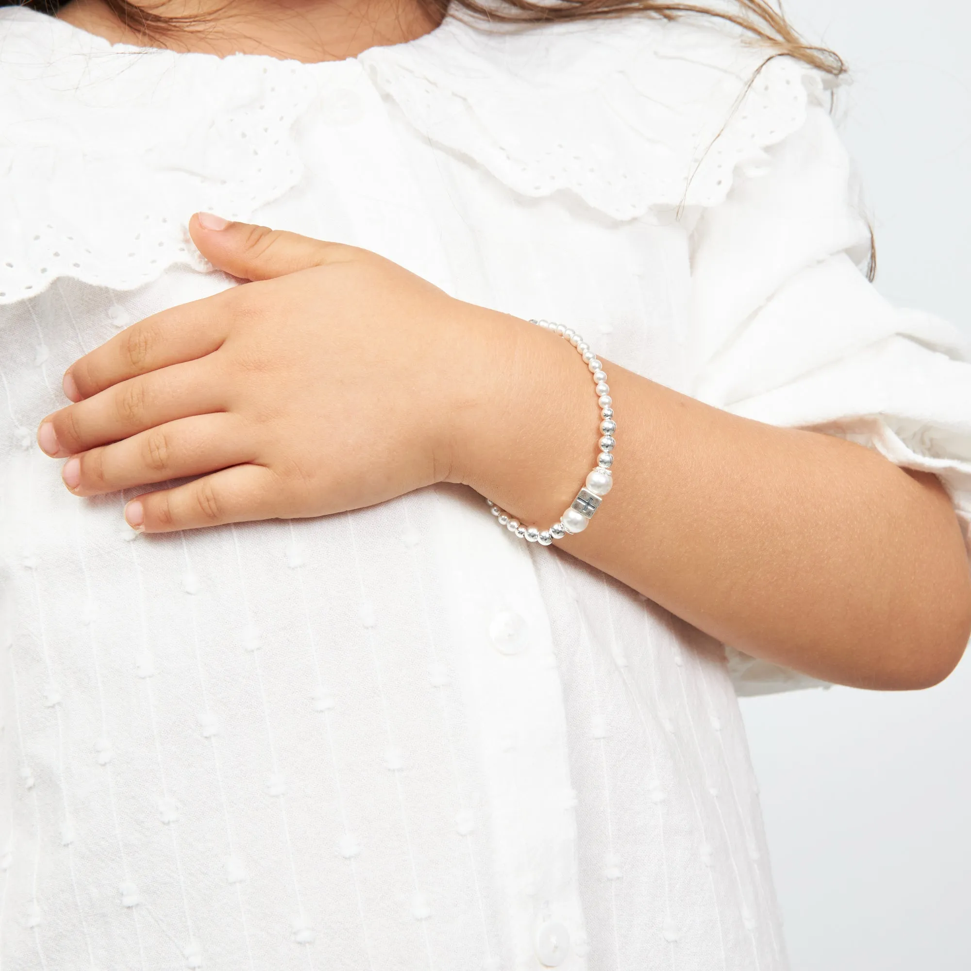 Toddler Baby Sterling Silver Beads Box Cross White Pearl Bracelet