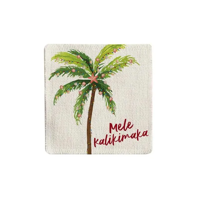 Watercolor Palm Tree Mele Kalikimaka Natural Fabric Coaster