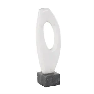 White Marble Abstract Angled Cutout Sculpture with Black Block Base