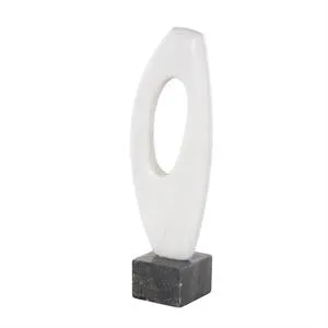 White Marble Abstract Angled Cutout Sculpture with Black Block Base